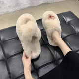 Fligmm Women Wear Online Celebrity Large Size 2024 New Style Autumn And Winter Warm Outside Wear Cross Wool Slippers