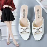 Fligmm Summer New Thin-Heeled Middle-Heeled Fish-Beaked Bow-Tie Large Size Slippers For Ladies