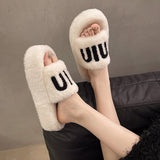 Fligmm Celebrity Muffin Thick Bottom Letter Wool Slippers Women Wear 2024 Winter New Style Lamb Wool Cotton Slippers