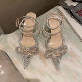 Fligmm Sandals 2024 Spring Style Ladies Diamond Bow Tie Women's Shoes Thin Heel Baotou French Style