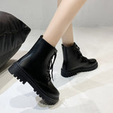 Fligmm Boots And Women's Shoes 2024 New Autumn Flat-Bottomed Vintage Lace-Up Black Korean Fashion Boots