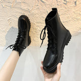 Fligmm Boots And Women's Shoes 2024 New Autumn Flat-Bottomed Vintage Lace-Up Black Korean Fashion Boots