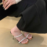 Fligmm Slippers Women's 2024 Summer New Style Square Head Diamond Shoes Fashion Trend To Wear One-Word Slippers