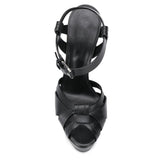 Fligmm Black PU Large Size Round Head Fashion Sandals Thin High Heels Waterproof Platform Banquet Sandals