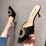 Fligmm Women Wear Semi-Slippers In Summer Women 2024 New French Diamond High Heels Stilettos Baotou Sandals Black