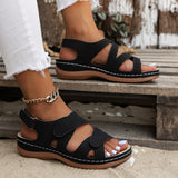 Fligmm Summer New Sandals Thick Soles Hollowed-Out Slope With Roman Velcro Pure Color Breathable Open-Toed Women's Sandals