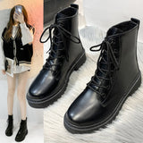 Fligmm Boots And Women's Shoes 2024 New Autumn Flat-Bottomed Vintage Lace-Up Black Korean Fashion Boots