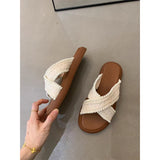 Fligmm Style Slippers 2024 New Summer Retro Woven Cross Bohemian Student Thick-Soled Roman Shoes