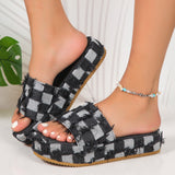 Fligmm Size Hairy Denim Thick-Soled Slippers Women's Summer Leisure Style Fashion Color Checkered Lazy Slippers