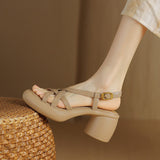 Fligmm Is Easy To Wear Thick-Soled Sandals, Women's Summer Round-Headed High Heels, Thick Heels, Soft Leather, Apricot Soft Soles, One Word Buckle.