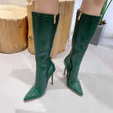 Fligmm High-Heeled Boots 2024 Spring Style Boots Children's Simple Pointy Stone Pattern Fine Heel Women's Boots