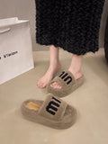 Fligmm Celebrity Muffin Thick Bottom Letter Wool Slippers Women Wear 2024 Winter New Style Lamb Wool Cotton Slippers