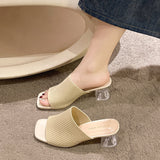 Fligmm High-Heeled Slippers Women Wear 2024 New Square-Toed Knitted Transparent Thick-Heeled Sandals In Summer