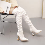 Fligmm Boots Boots Women's Winter Straight Boots White Pleated High-Heeled Large Knee-Length Boots