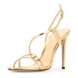 Fligmm New Large Gold PU Banquet Party Women's Shoes Round Head Thin High-Heeled Sandals