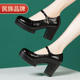 Fligmm Round Head High-End Catwalk Shoes Thick Heel Waterproof Platform One-Word Buckle Model Comfortable Cheongsam High-Heeled Shoes