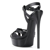 Fligmm Black PU Large Size Round Head Fashion Sandals Thin High Heels Waterproof Platform Banquet Sandals