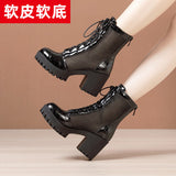 Fligmm Leather Net Gauze Martin Boots Summer 2024 New Waterproof Table Large Size Round Head High Heels With Lace-Up Sandals