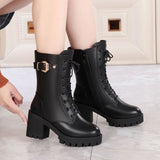 Fligmm Women With Short Boots In Winter, Women's Boots, Thick Heels, Martin Boots, High Heels, Leather Boots, Velvet Women's Cotton Shoes.