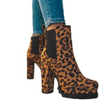 Fligmm New Round Head Leopard Pattern Winter Thick Heel Low Tube Waterproof Table Elastic Sleeve Martin Boot Girl