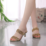 Fligmm New Water Drill Sandals Women Wear Slippers With Mid-Summer Heel Fashion Crystal Anti-Skid Fishing Mouth