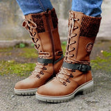 Fligmm Medium-Sized Women's Boots 2024 Winter New Round Head Square Heel Leather Buckle Wool Spliced Martin Boots