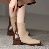 Fligmm British Style Thick Heel Rear Zipper Martin Boots Matching Square Head Elastic Thin Short Boots 2024 Autumn / Winter Single Boot Women