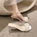 Fligmm New Korean Version Of Fairy Style Transparent Thick Heel Square Head Pleated Sandals Summer High-Heeled Slippers