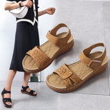 Fligmm Retro Leisure Roman Style Round Head Sandals Women's Shoes New Hollowed-Out Air Turbine Heel Velcro