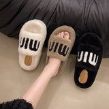 Fligmm Celebrity Muffin Thick Bottom Letter Wool Slippers Women Wear 2024 Winter New Style Lamb Wool Cotton Slippers