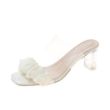 Fligmm New Korean Version Of Fairy Style Transparent Thick Heel Square Head Pleated Sandals Summer High-Heeled Slippers