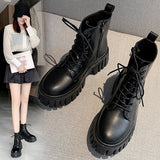 Fligmm Laced Martin Boots 2024 Autumn And Winter New Korean Leather Boots Comfortable Soft Soles For Women's Middle Boots