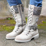 Fligmm Medium-Sized Women's Boots 2024 Winter New Round Head Square Heel Leather Buckle Wool Spliced Martin Boots