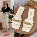 Fligmm Women's Sandals And Slippers 2024 Summer New One-Shaped Metal Chain Fashionable Ladies Shoes41-42