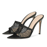 Fligmm Large-Size Black Fishnet Sexy High-Heeled Muller Tipped High-Heeled Slippers