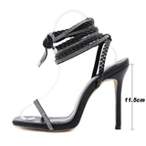 Fligmm New Women's Shoes High Heel Winding Straps Sandals Diamond Slippers Large Size