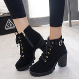 Fligmm New High Heel Thick Heel Casual Women's Boots Platform Ankle Boots Round Head Side Zipper Lace Ankle Boots