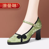 Fligmm New Chinese Cheongsam Walking Shoes Retro Single Shoes High Thick Heels With Chinese Style Horse Dress Shoes Children