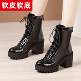 Fligmm Leather Net Gauze Martin Boots Summer 2024 New Waterproof Table Large Size Round Head High Heels With Lace-Up Sandals