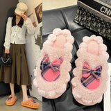 Fligmm Bow Tie Wool Slippers Lovers Wear The New Korean Version Of Thick-Soled Household Cotton Slippers In Autumn And Winter