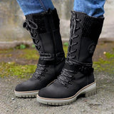 Fligmm Medium-Sized Women's Boots 2024 Winter New Round Head Square Heel Leather Buckle Wool Spliced Martin Boots