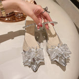 Fligmm Heels Fairy Style 2024 Summer Fashion To Wear Pointed Water Drill Square Buckle Transparent Slippers With Thin Heels