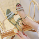 Fligmm And Slippers Women's 2024 New Fashion Simple Sequins Diamond Sandals Round Head Medium Heels Sandals