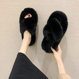 Fligmm Women Wear Online Celebrity Large Size 2024 New Style Autumn And Winter Warm Outside Wear Cross Wool Slippers