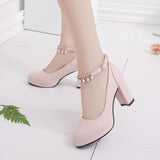 Fligmm And Autumn New Women's Shoes Pearl Chain High-Heeled Shoes Thick Soles Large Size Thick Heels Professional Single Shoes Working Women's Shoes