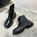 Fligmm Boots And Women's Shoes 2024 New Autumn Flat-Bottomed Vintage Lace-Up Black Korean Fashion Boots