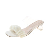 Fligmm New Korean Version Of Fairy Style Transparent Thick Heel Square Head Pleated Sandals Summer High-Heeled Slippers