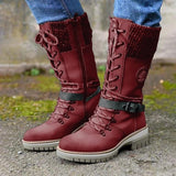 Fligmm Medium-Sized Women's Boots 2024 Winter New Round Head Square Heel Leather Buckle Wool Spliced Martin Boots