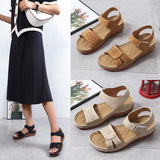 Fligmm Retro Leisure Roman Style Round Head Sandals Women's Shoes New Hollowed-Out Air Turbine Heel Velcro