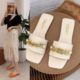 Fligmm Large Sandals And Slippers For Women In Summer 2024 The New One-Shaped Metal Chain Is Fashionable.